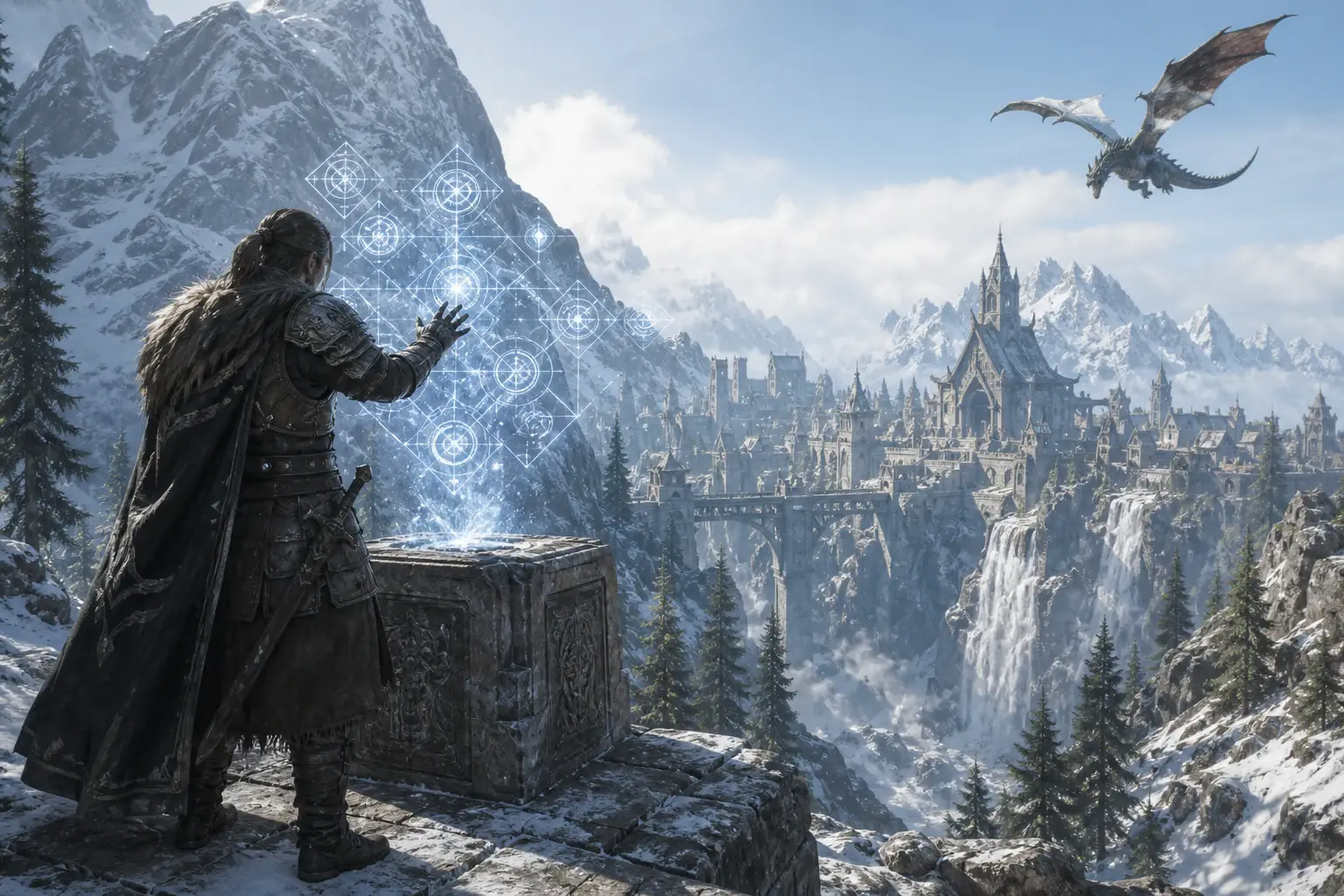 Nordic adventurer facing a dragon above a luminous command rune in a daylight mountain pass