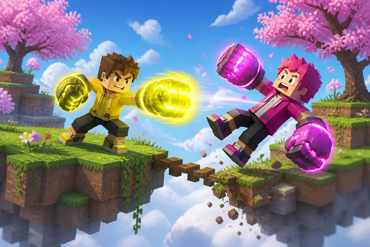 Competitors swinging glowing gloves across floating grass islands