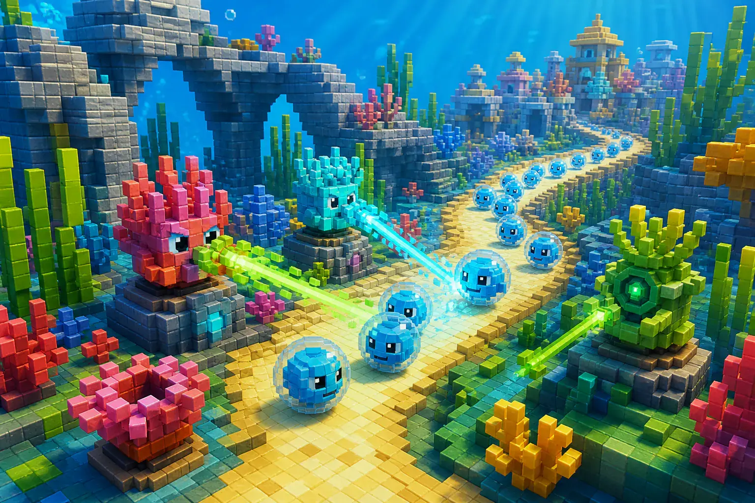 Original coral guardians defending an undersea path from bubble creatures
