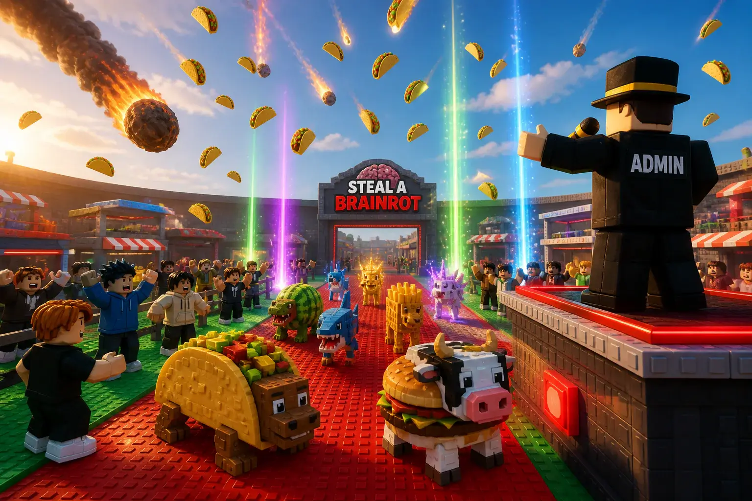 Admin event filling a Steal a Brainrot red carpet with taco rain, meteors and rare creatures