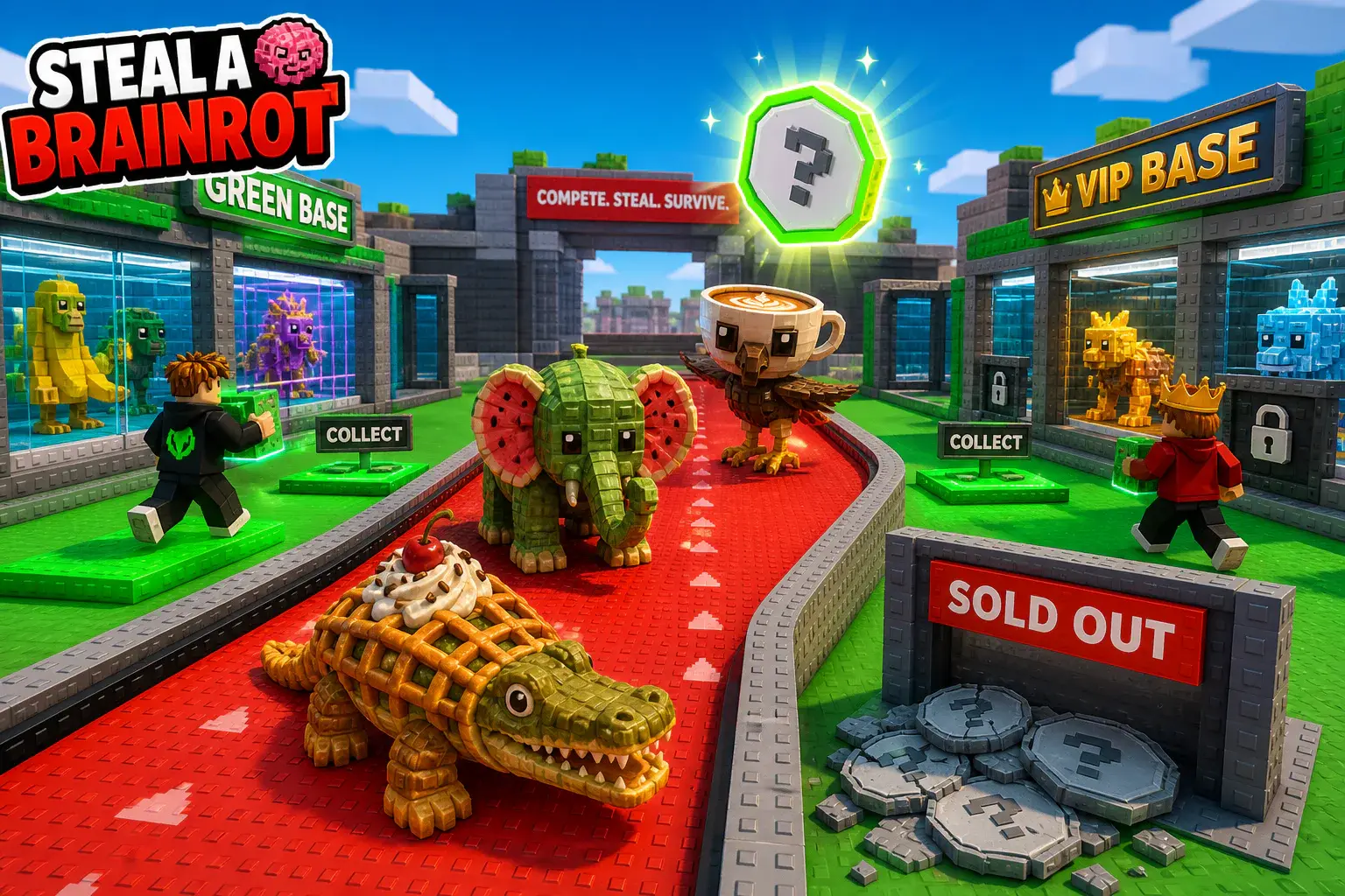 Rare creatures moving along a red carpet between collectible player bases