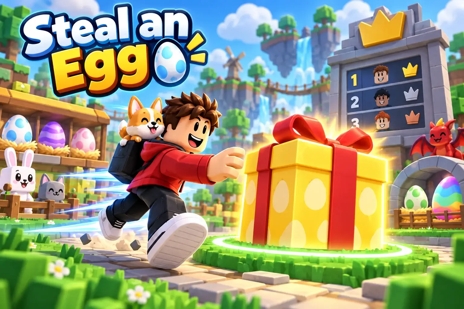 Original concept illustration: A cheerful block-world runner approaches a huge yellow gift on a green circular pad near a simple leaderboard structure