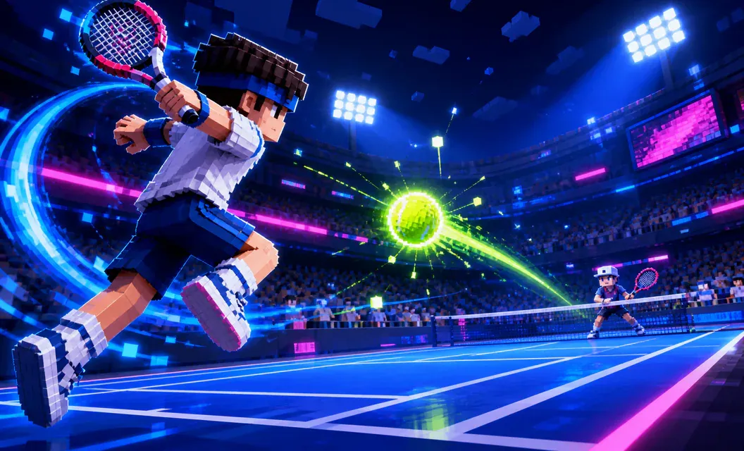 Tennis player striking a luminous ball across a neon stadium court