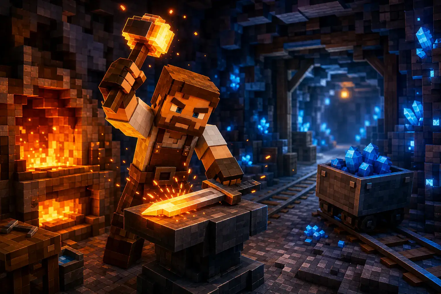 Miner-smith forging a glowing blade beside a crystal mine