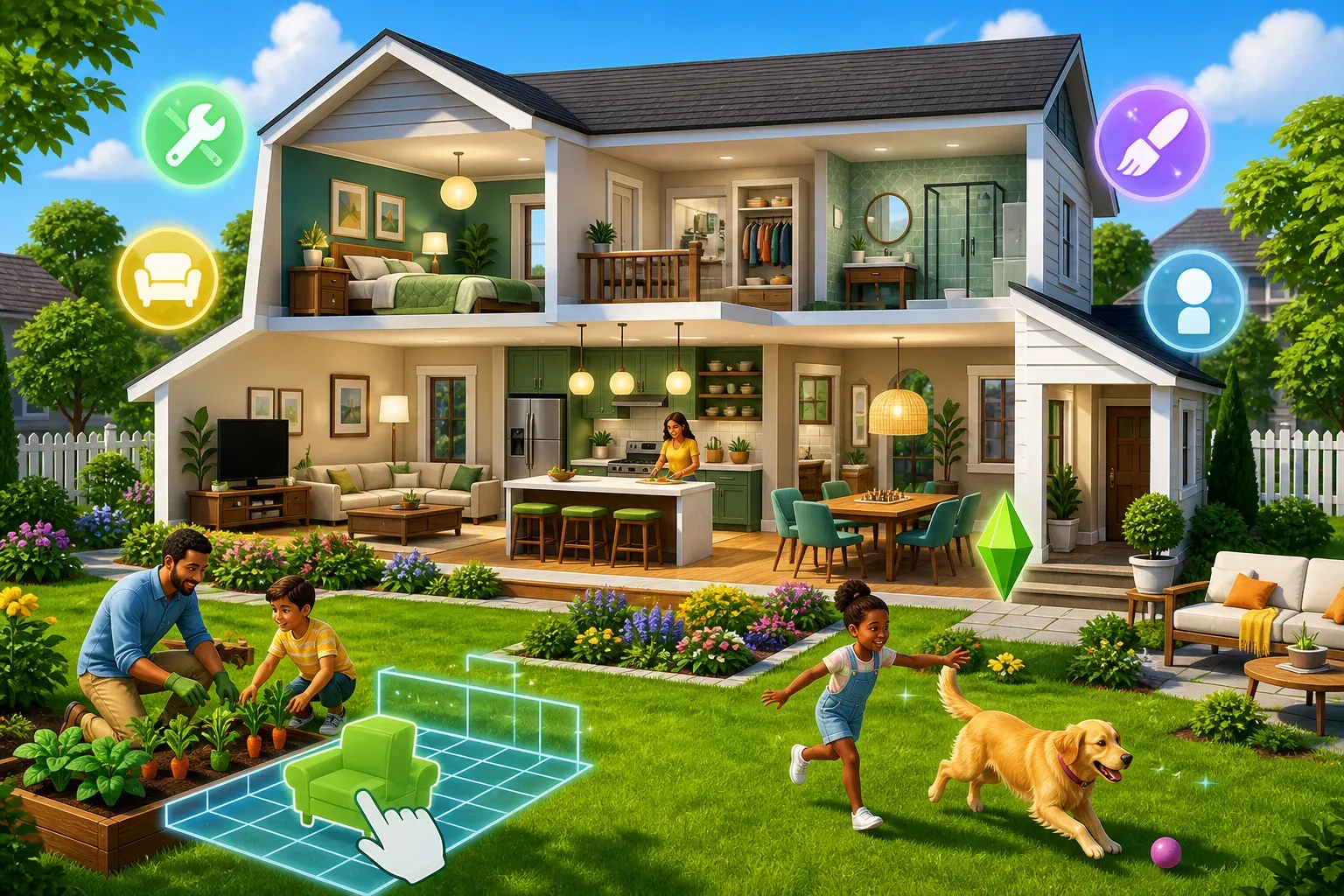 Bright life simulation home with a family, garden and build-mode controls