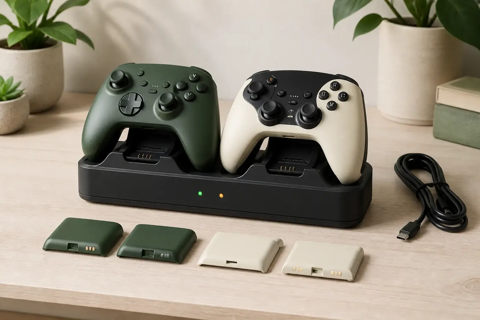 Two original controllers seated in a two-bay charging dock with battery-door adapters