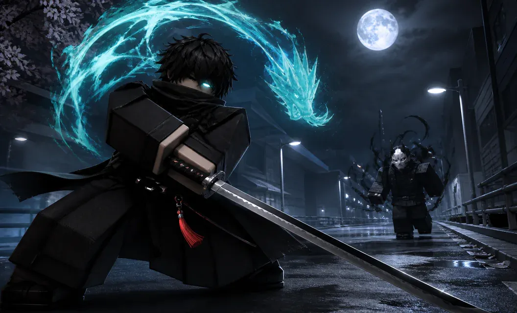 Supernatural swordsman facing a masked opponent at night