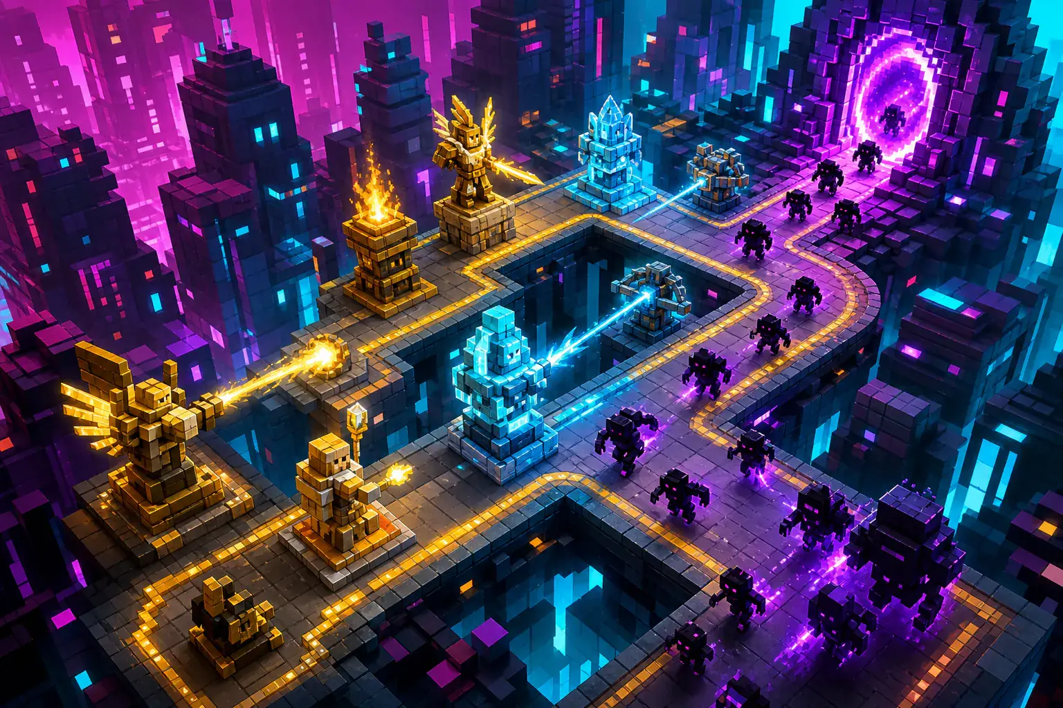 Elemental defenders protecting a neon city path from shadow creatures