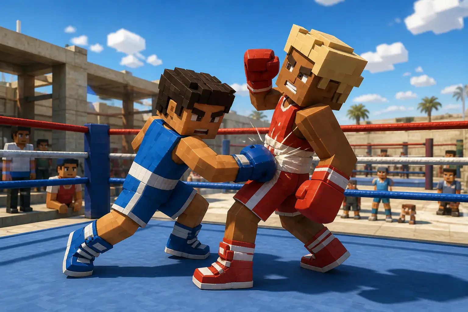 Two boxers exchanging a body counterpunch in an open-air ring