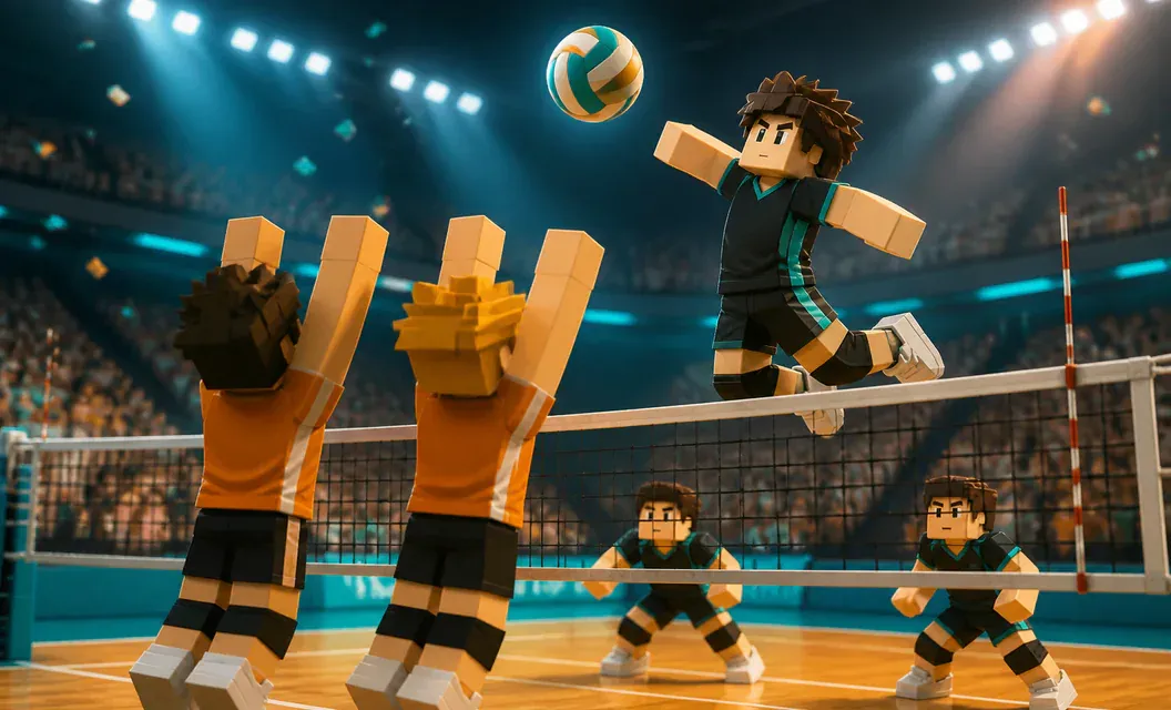 Volleyball player spiking over two blockers in an indoor arena