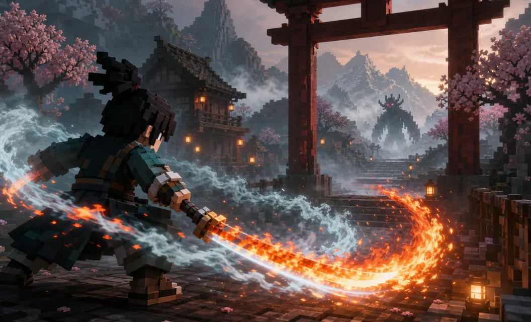 Swordsman using flame and mist techniques in a mountain village