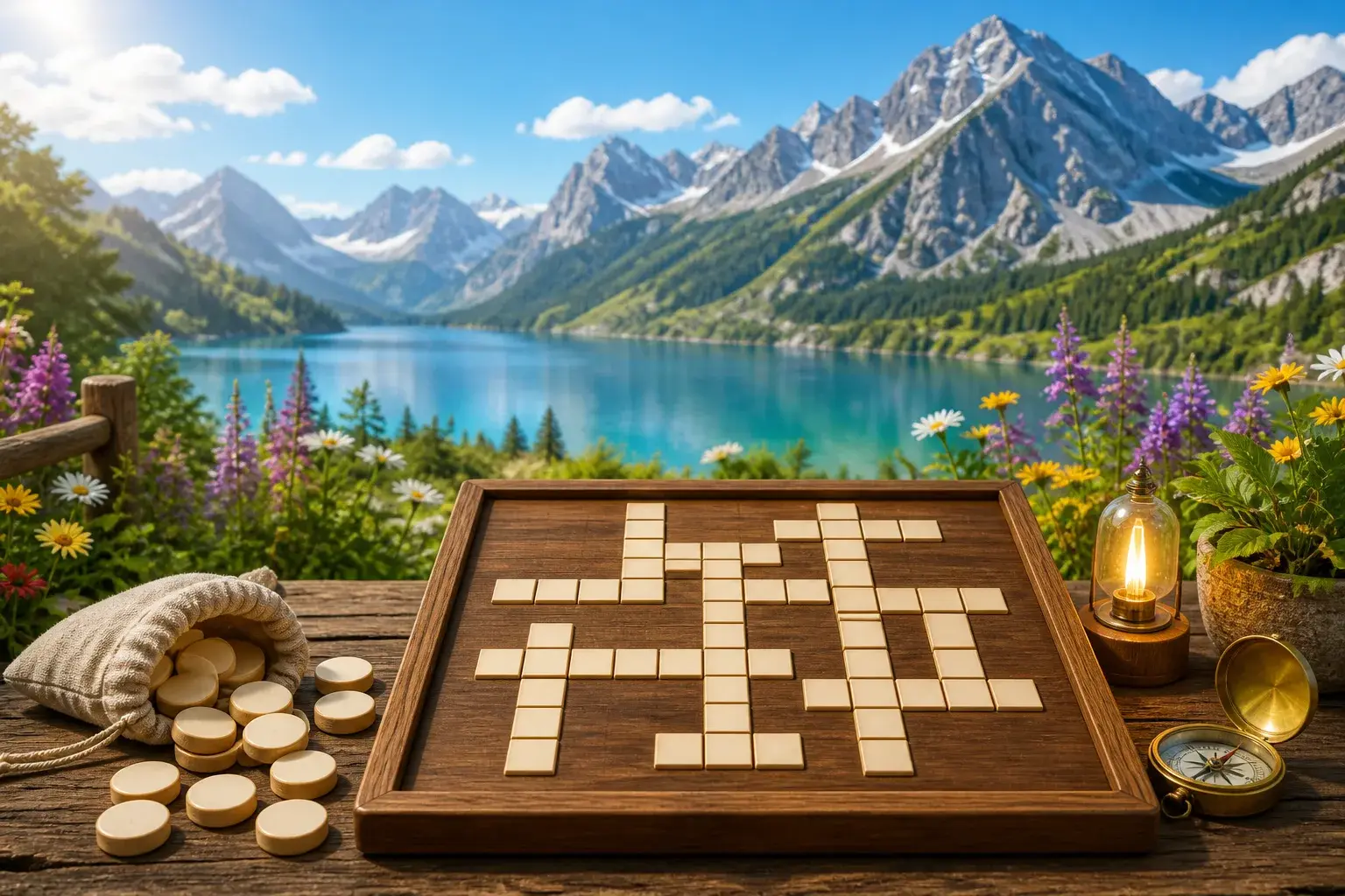 Blank crossword tiles on a puzzle table overlooking a bright mountain lake