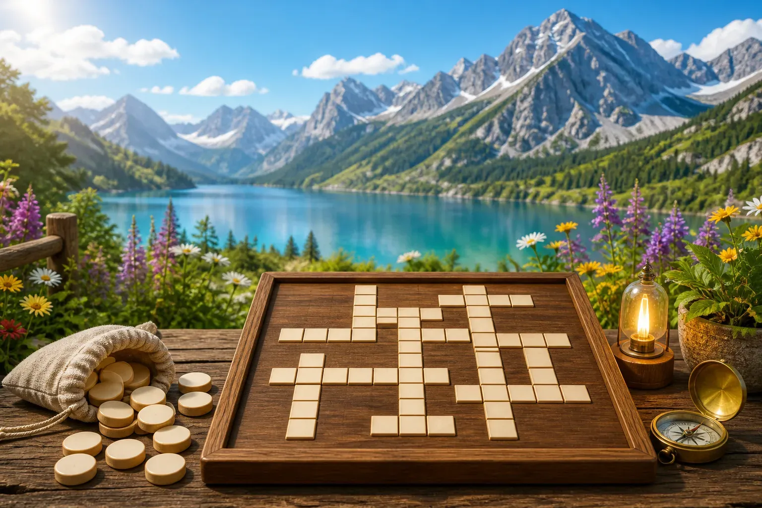 Blank crossword tiles on a puzzle table overlooking a bright mountain lake
