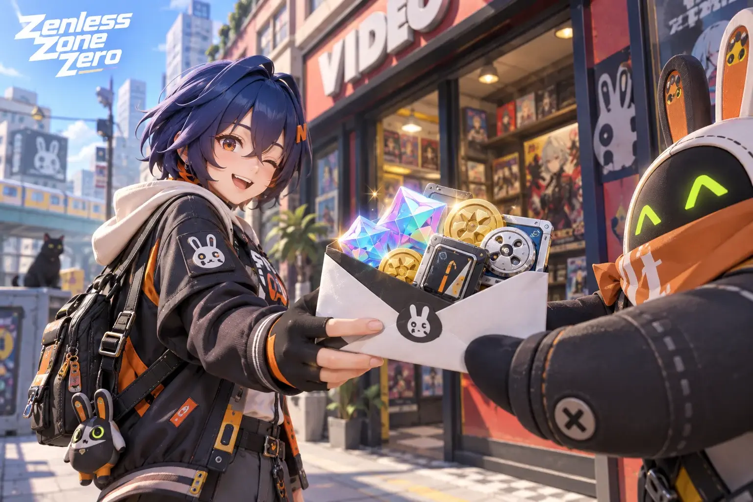 Original concept illustration: Original urban anime courier outside a colorful video shop receiving a reward envelope with iridescent geometric tokens, coins and equipment modules